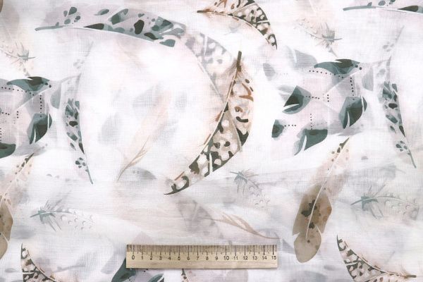 Шелк TENCEL принт/перья розовые с серым на белом 4225-PY/D#3/C#1