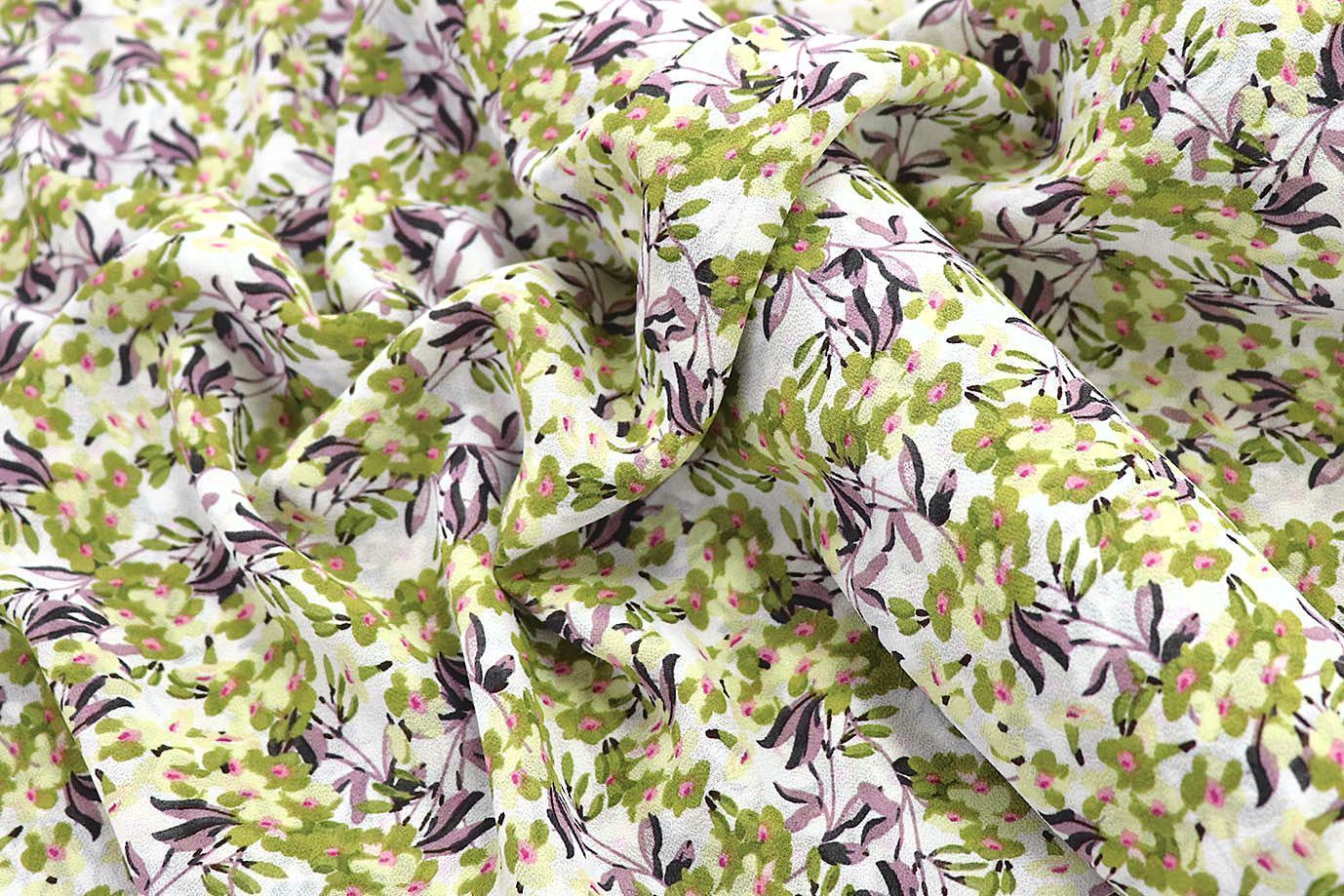 Шифон креп принт/цветы зеленые на белом 3618-PY/D#7/C#3