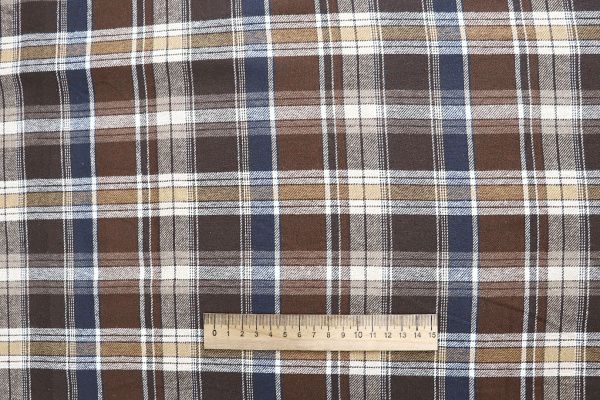 Рубашечная ткань принт/клетка бело-синяя на коричневом 4015-PY/D#36400/C#2