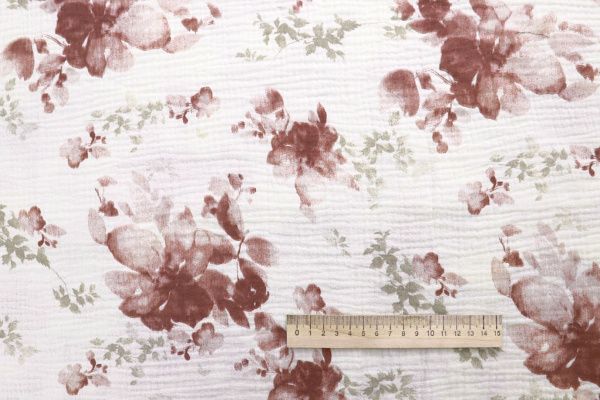 Муслин принт/цветы бордово-зеленые на молочном 4017-PY/D#14