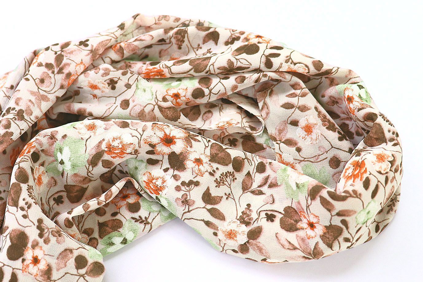 Шифон принт/цветы оранжево-зеленые на бежевом 3707-PY/D#58/C#3