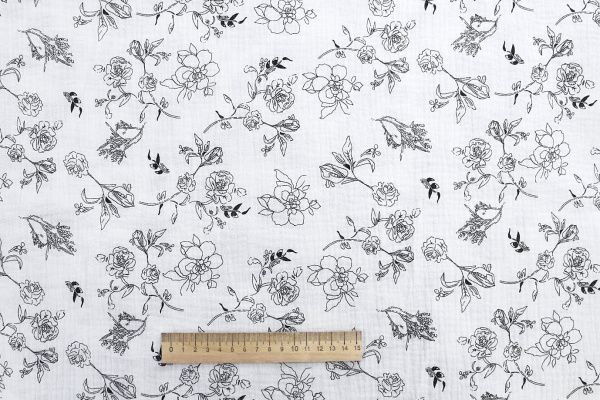 Муслин принт/цветы черные на белом 1393-PY/D#3/C#2