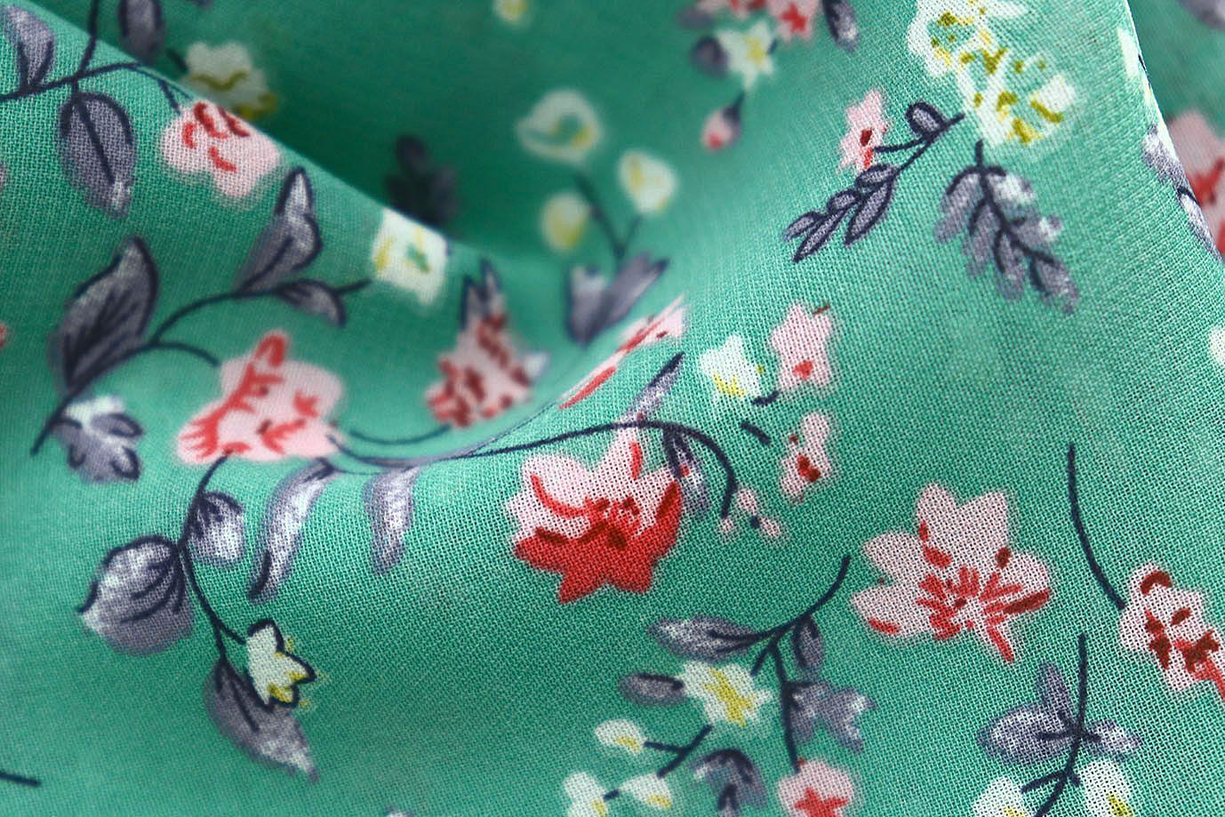 Шифон принт/цветы кораллово-желтые на бирюзовом 3707-PY/D#46/C#2