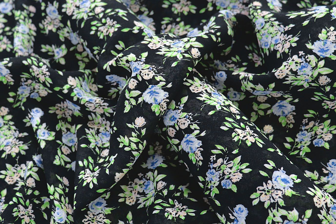 Шифон креп принт/цветы сине-зеленые на черном 3618-PY/D#2/C#1