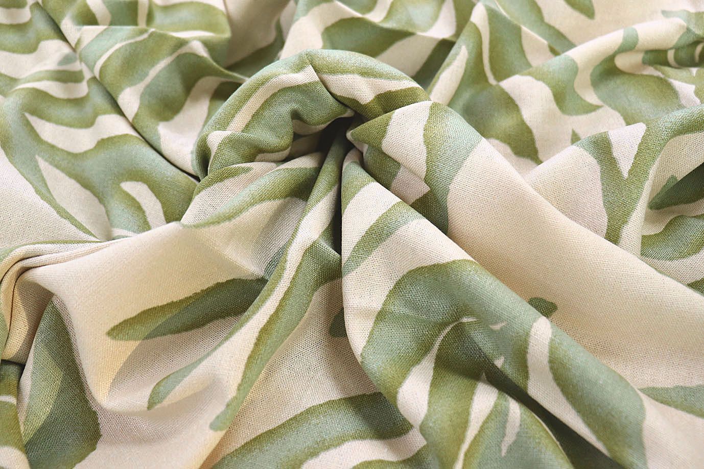 Лен принт/листья зеленые на бежевом 3852-PY/D#5/C#1