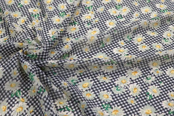 Шифон принт/цветы белые на клетке темно-синей 2923-20-PY/D#3/C#1