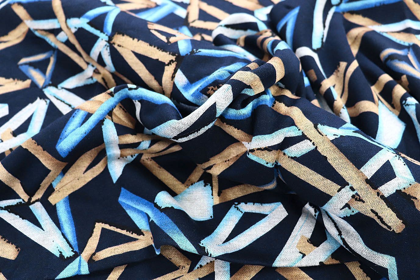 Трикотаж "Модал" принт/треугольники бежево-голубые на синем 3602-PY/D#10/C#1