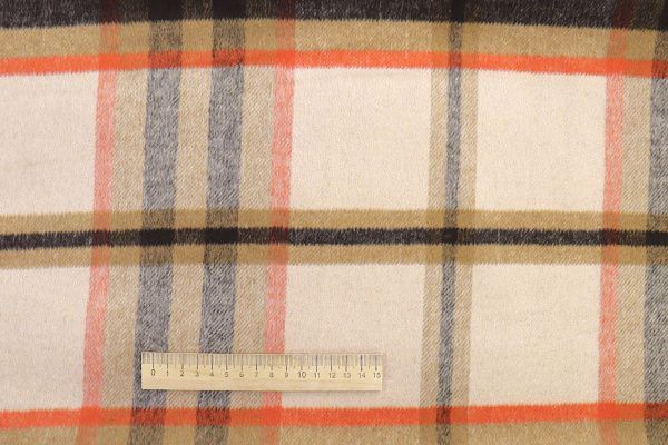 Пальтовая ткань "Микроворса" принт/клетка оранжево-бежевая на молочном 778-90135/C#904