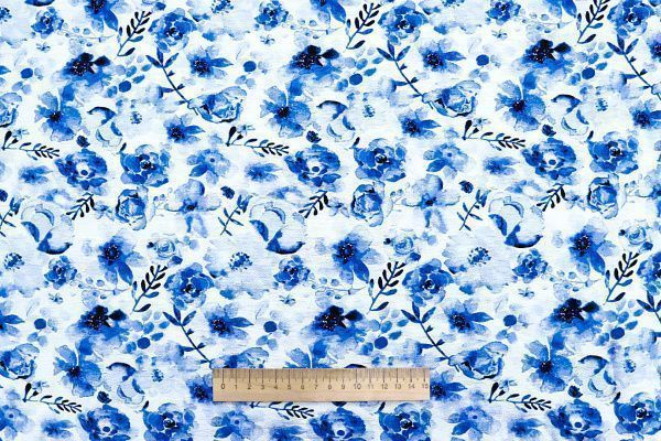 Лен БОХО принт/цветы синие на белом 3879-PY/D#6/C#1