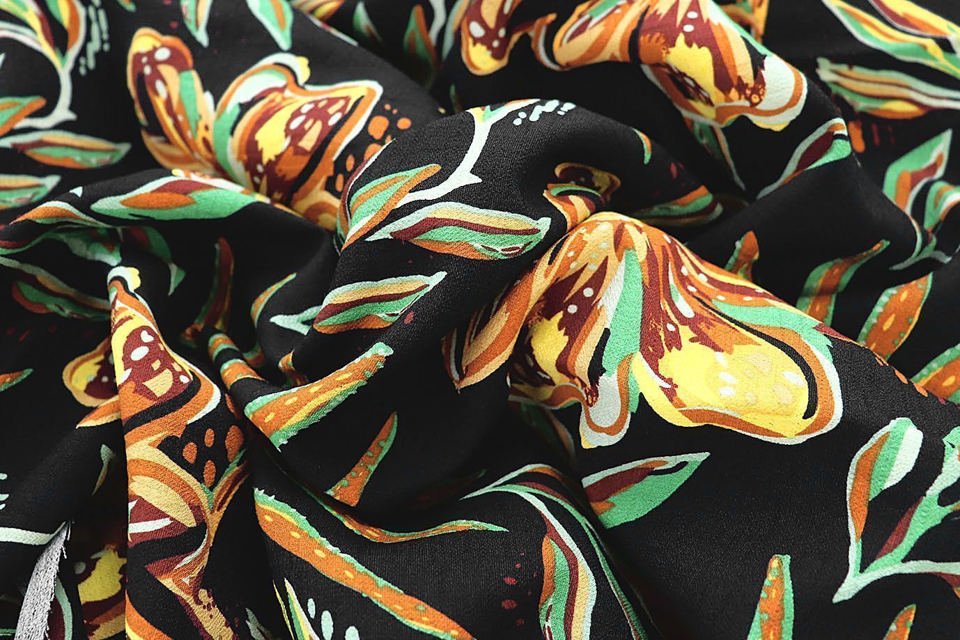 Лен БОХО принт/цветы желто-зеленые на черном 3637-PY/D#13/C#4