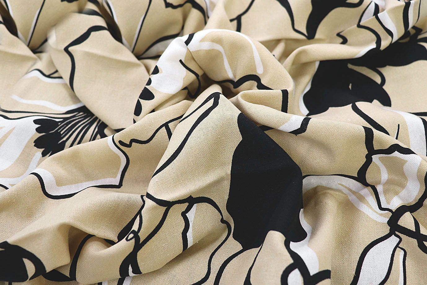 Лен принт/цветы черно-белые на бежевом 3852-PY/D#2/C#1