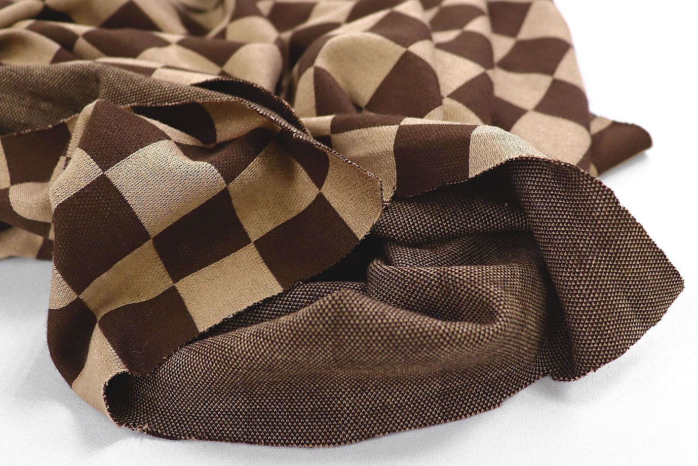 Трикотаж "Евроангора" жаккард принт/шахматы бежево-коричневые 3281-PY/C#1