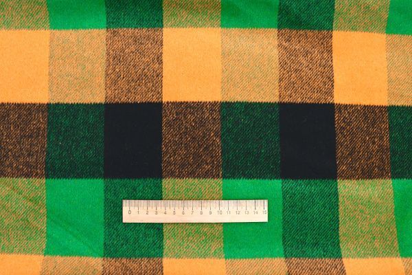 Пальтовая ткань "Микроворса" принт/клетка коричнево-зеленая на оранжевом 778-90135/C#8035-1