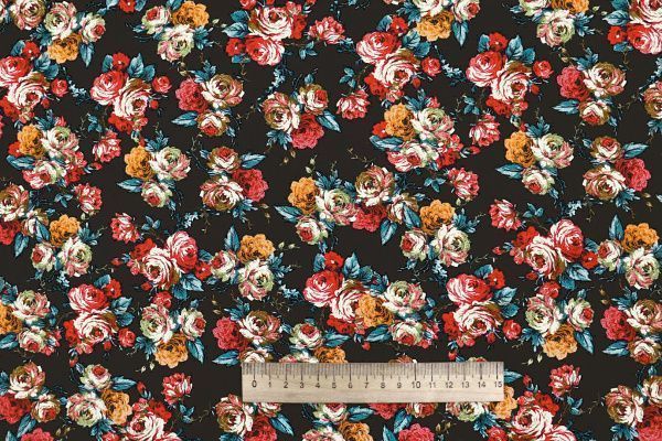 Штапель принт/цветы красно-бирюзовые на черном 4205-PY/D#22/C#3