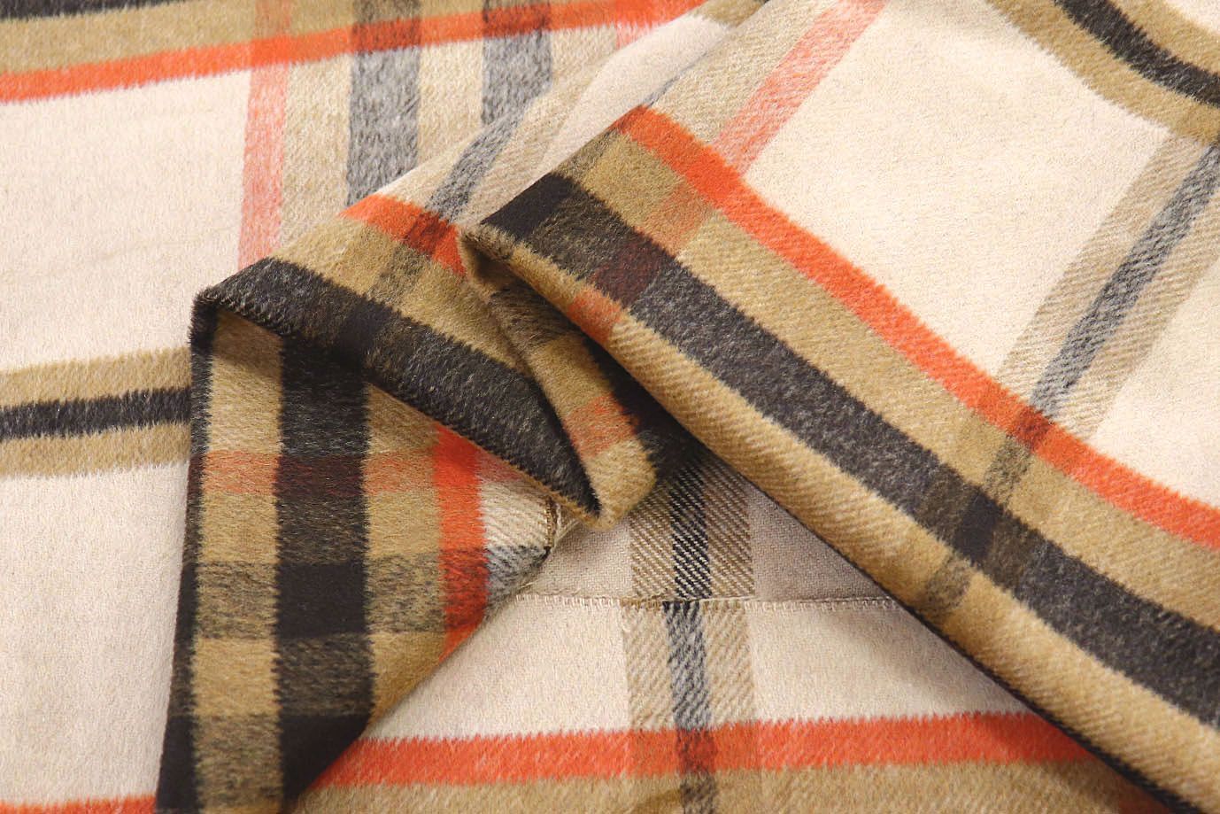 Пальтовая ткань "Микроворса" принт/клетка оранжево-бежевая на молочном 778-90135/C#904