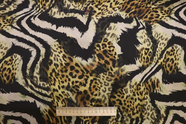 Сатин "Шакира" стрейч двусторонний принт/черно-желтый на бежевом 3887-PY/D#2/C#1