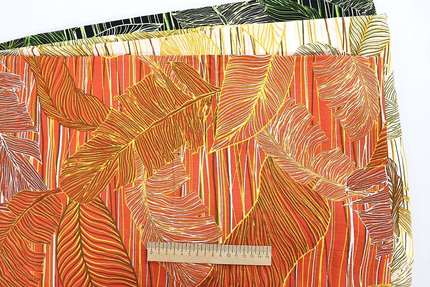 Лен БОХО принт/листья желто-зеленые на оранжевом 3591-PY/D#8/C#3 (11424)