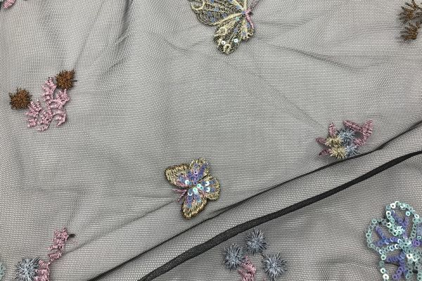 Сетка с вышивкой принт/бабочки на черном 16453/D#1