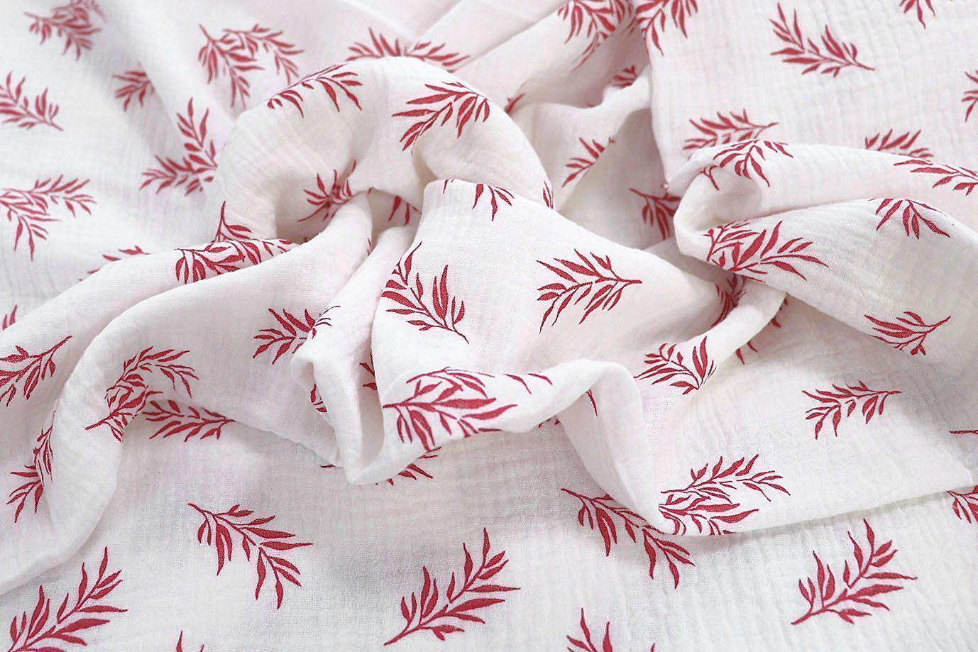 Муслин принт/листья красные на белом 1393-PY/D#14/C#1