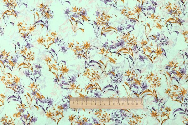 Шифон принт/цветы оранжево-фиолетовые на бирюзовом 3707-PY/D#14/C#3