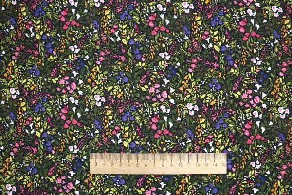 Шифон креп принт/цветы зелено-розовые на черном 3639-PY/D#10/C#2