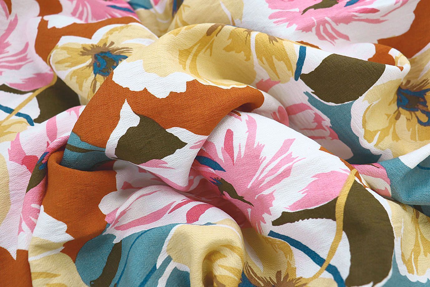 Лен БОХО принт/цветы желто-розовые на бирюзовом 3637-PY/D#3/C#3