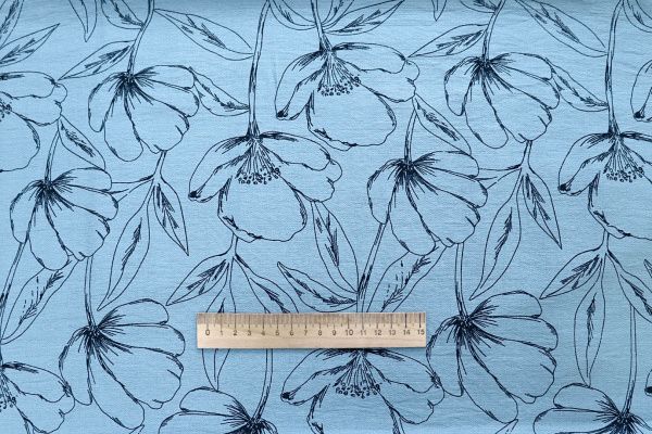 Лен БОХО принт/цветы черные на морском 4077-PY/D#18/C#3