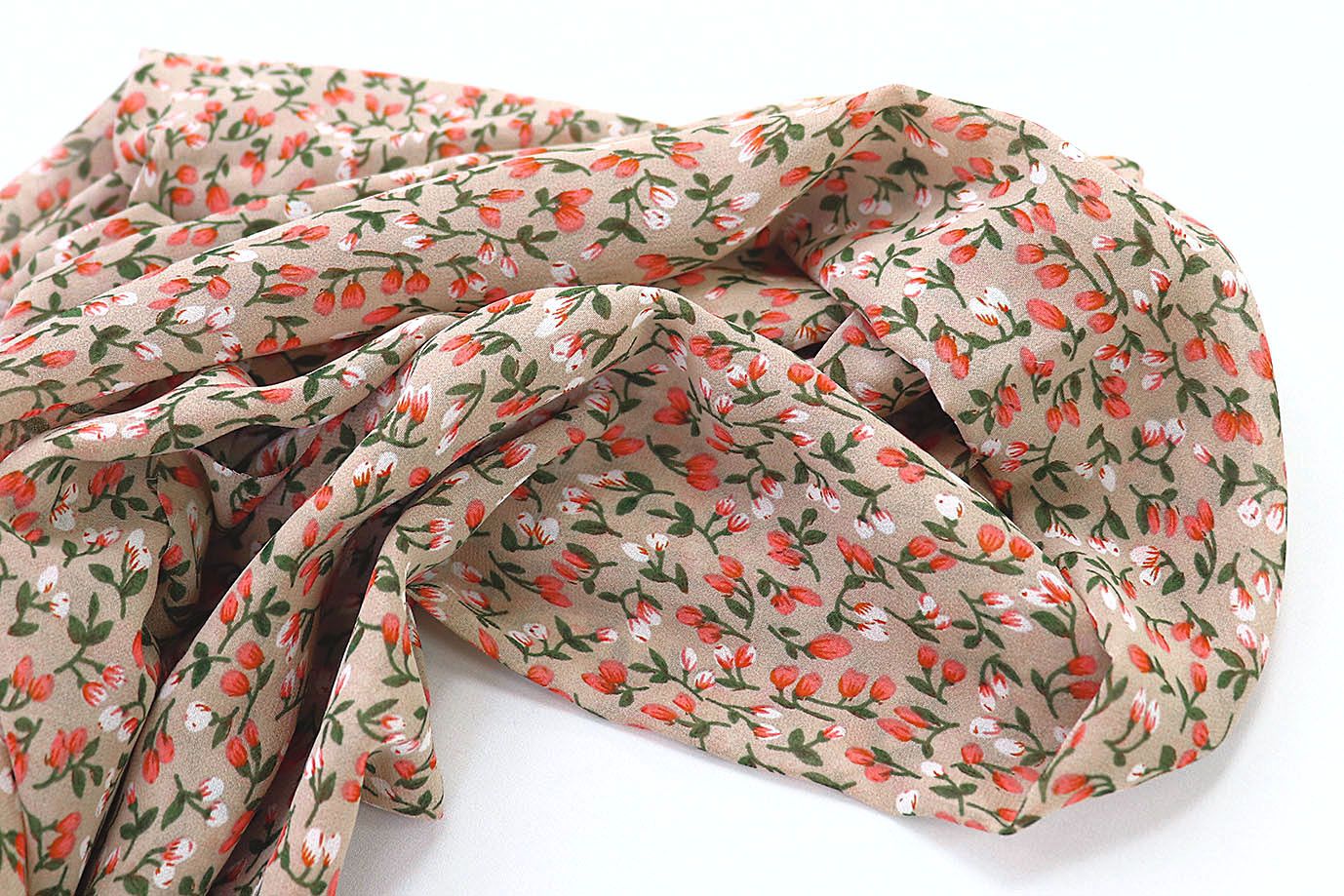 Шифон принт/цветы кораллово-белые на бежевом 3707-PY/D#11/C#4