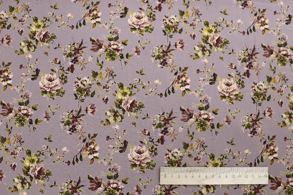 Штапель принт/цветы коричнево-зеленые на бледно-розовом 1466-PY/D#1/C#4