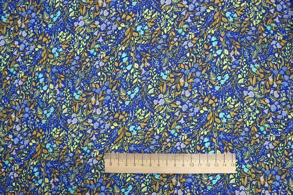 Шифон креп принт/цветы желто-оранжевые на синем 3639-PY/D#10/C#1