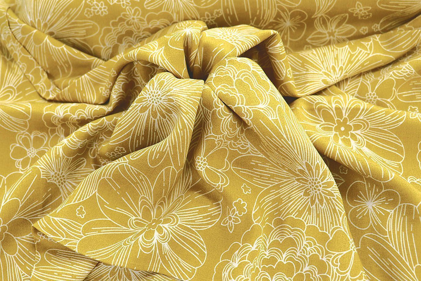 Штапель принт/цветы белые на горчичном 1374-PY/D#25/C#5