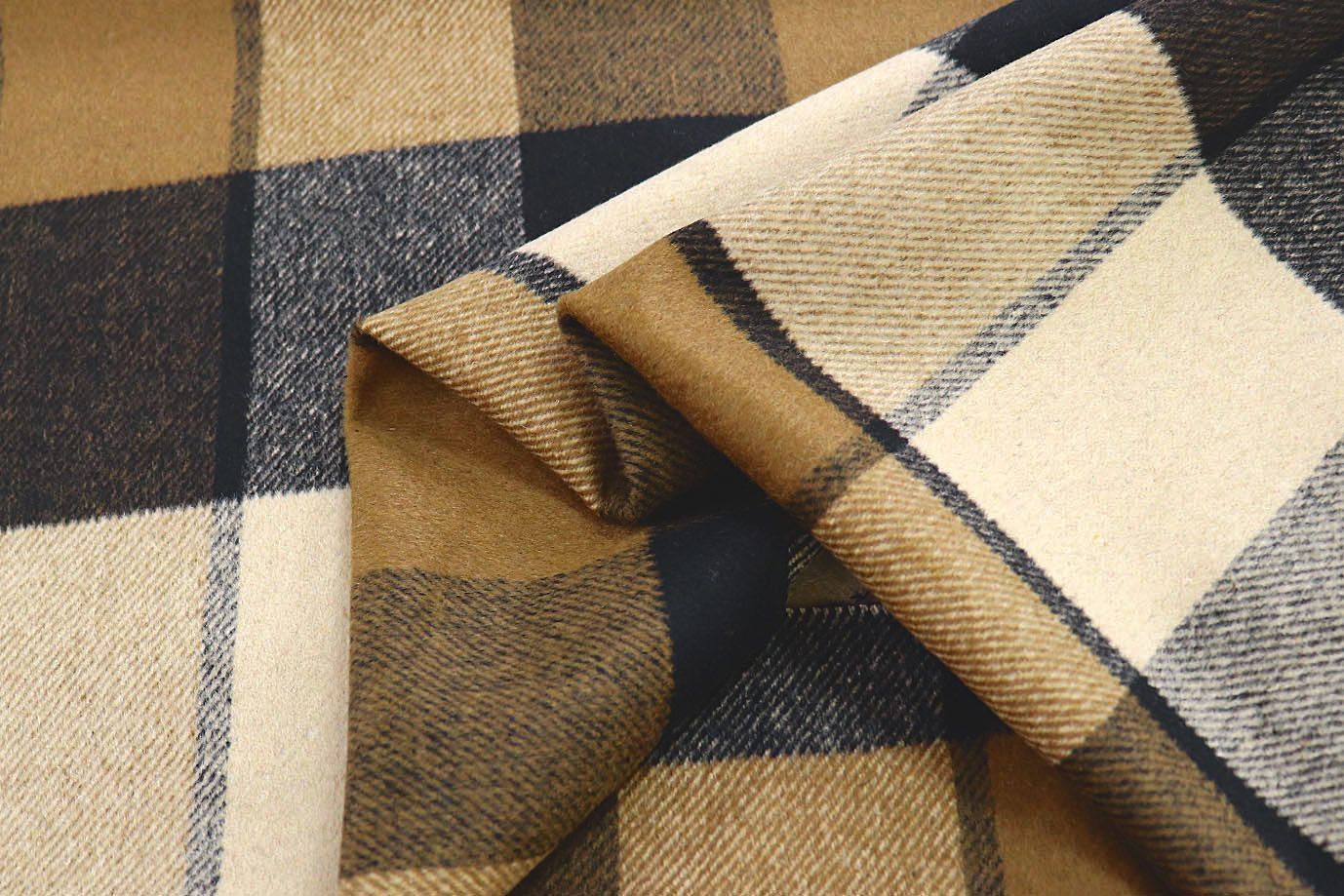 Пальтовая ткань "Микроворса" принт/клетка черно-серая на бежевом 778-90135/C#8008-1