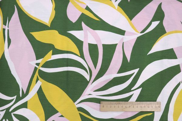 Лен N/R слаб принт/листья желто-розовый на зеленом 3826-PY/D#4/C#3