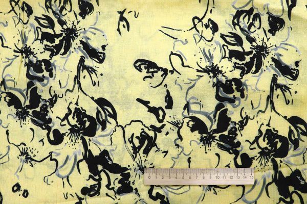 Лен "Медея" принт/цветы черные на желтом 4097-PY/D#9/C#1