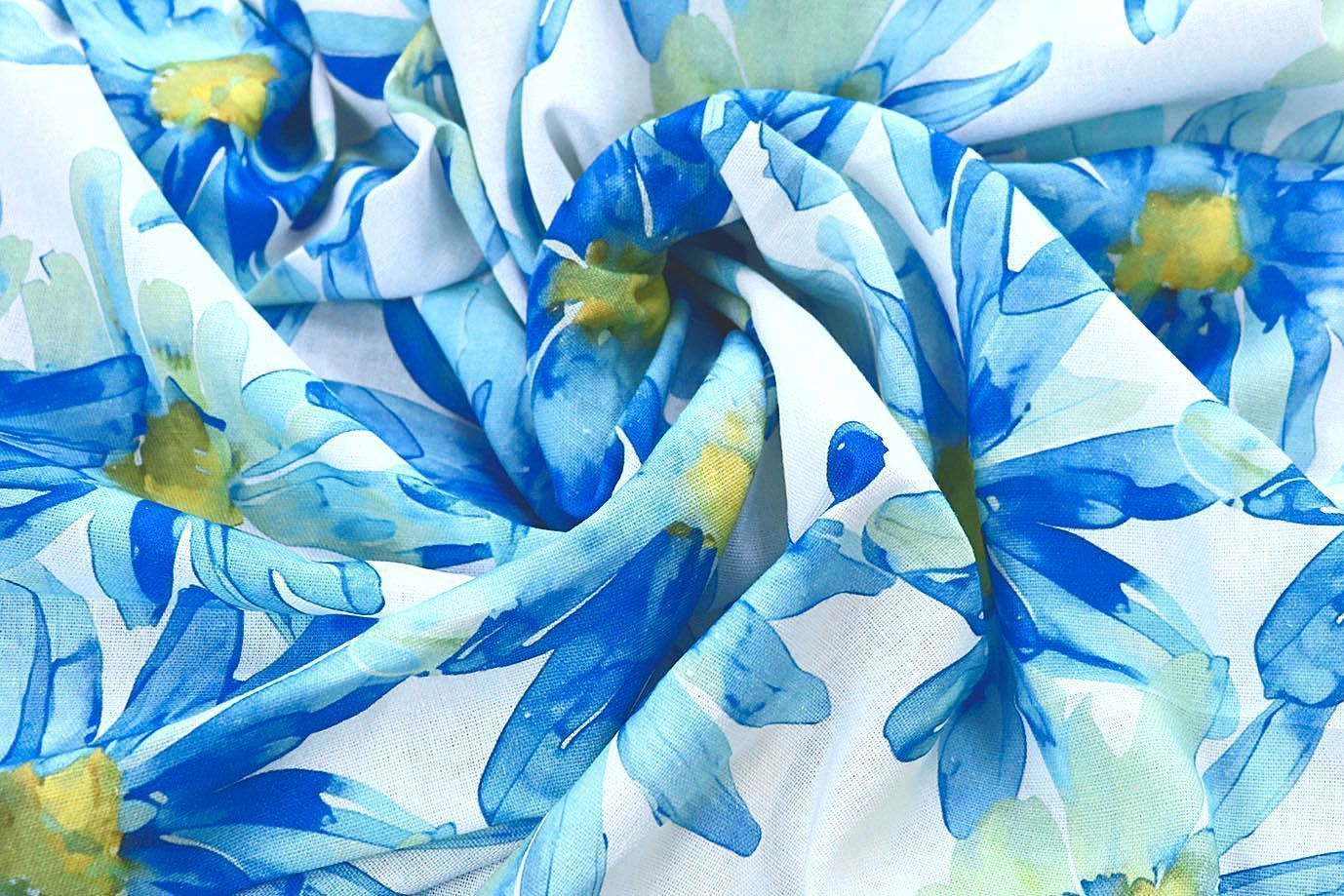 Лен принт/цветы сине-желтые на белом 4076-PY/D#26/C#1