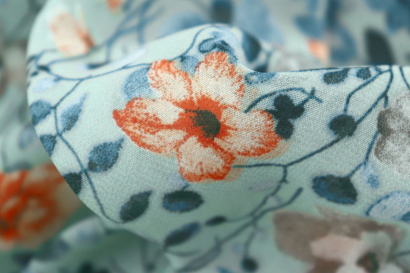 Шифон принт/цветы сине-оранжевые на мятном 3707-PY/D#58/C#4