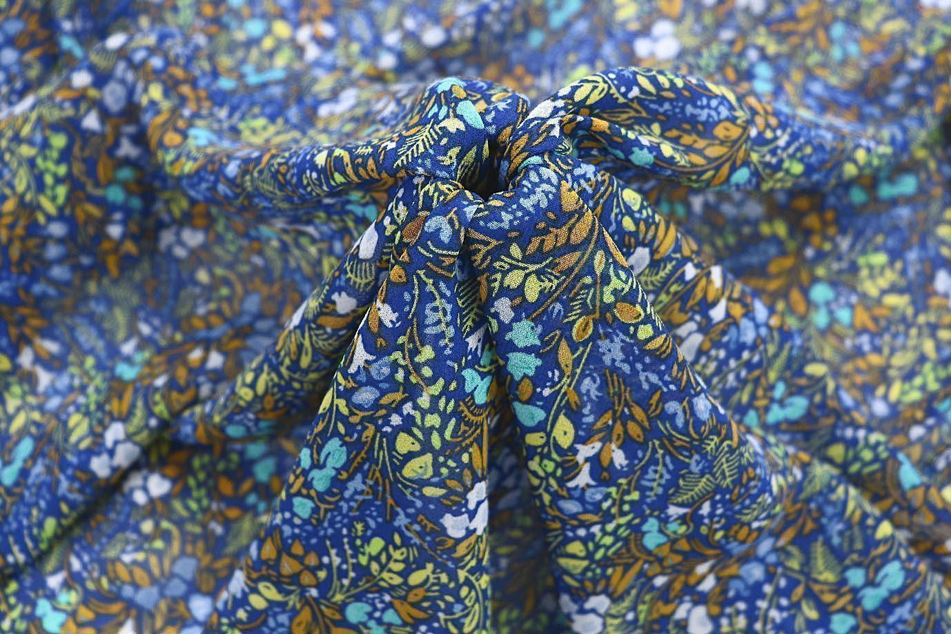 Шифон креп принт/цветы желто-оранжевые на синем 3639-PY/D#10/C#1