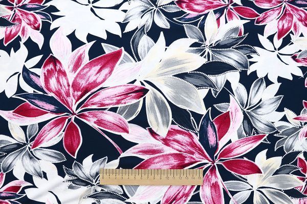 Трикотаж масло браш принт/листья красно-белые на синем SSR-709/D#3/C#1 (15883)