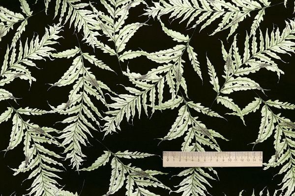 Лен БОХО принт/листья салатовые на черном 4077-PY/D#12/C#1