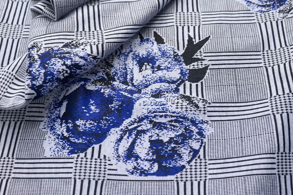 Трикотаж принт/цветы синие на клетке 3191/D#1/C#2