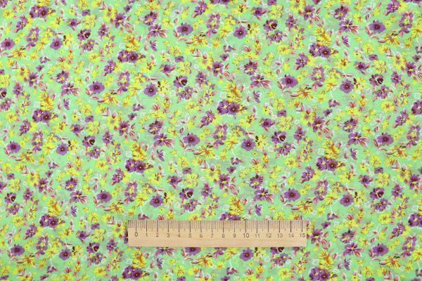 Шифон принт/цветы желто-фиолетовые на светло-зеленом 3707-PY/D#42/C#2