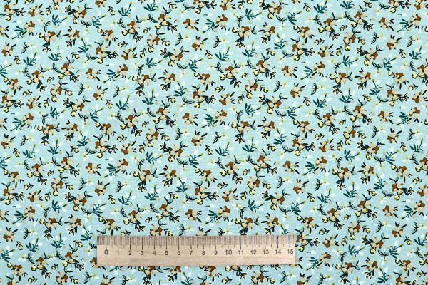 Штапель принт/цветы коричнево-белые на бирюзовом 4205-PY/D#11/C#3