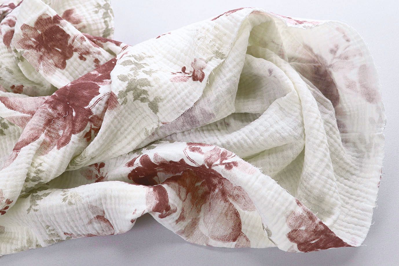 Муслин принт/цветы бордово-зеленые на молочном 4017-PY/D#14