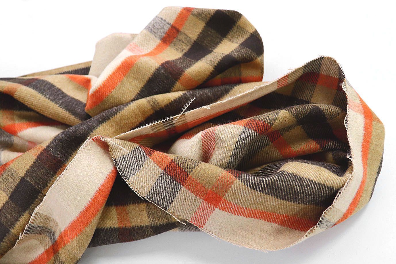 Пальтовая ткань "Микроворса" принт/клетка оранжево-бежевая на молочном 778-90135/C#904