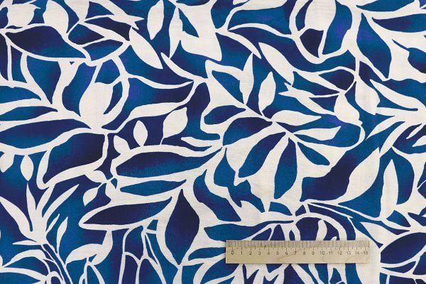 Лен БОХО принт/листья синие на молочном 3810-PY/D#16/C#1 (11834)