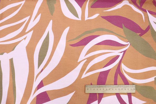 Лен N/R слаб принт/листья фиолетово-зеленый на персиковом 3826-PY/D#4/C#4