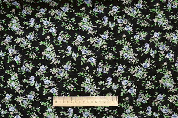 Шифон креп принт/цветы сине-зеленые на черном 3618-PY/D#2/C#1