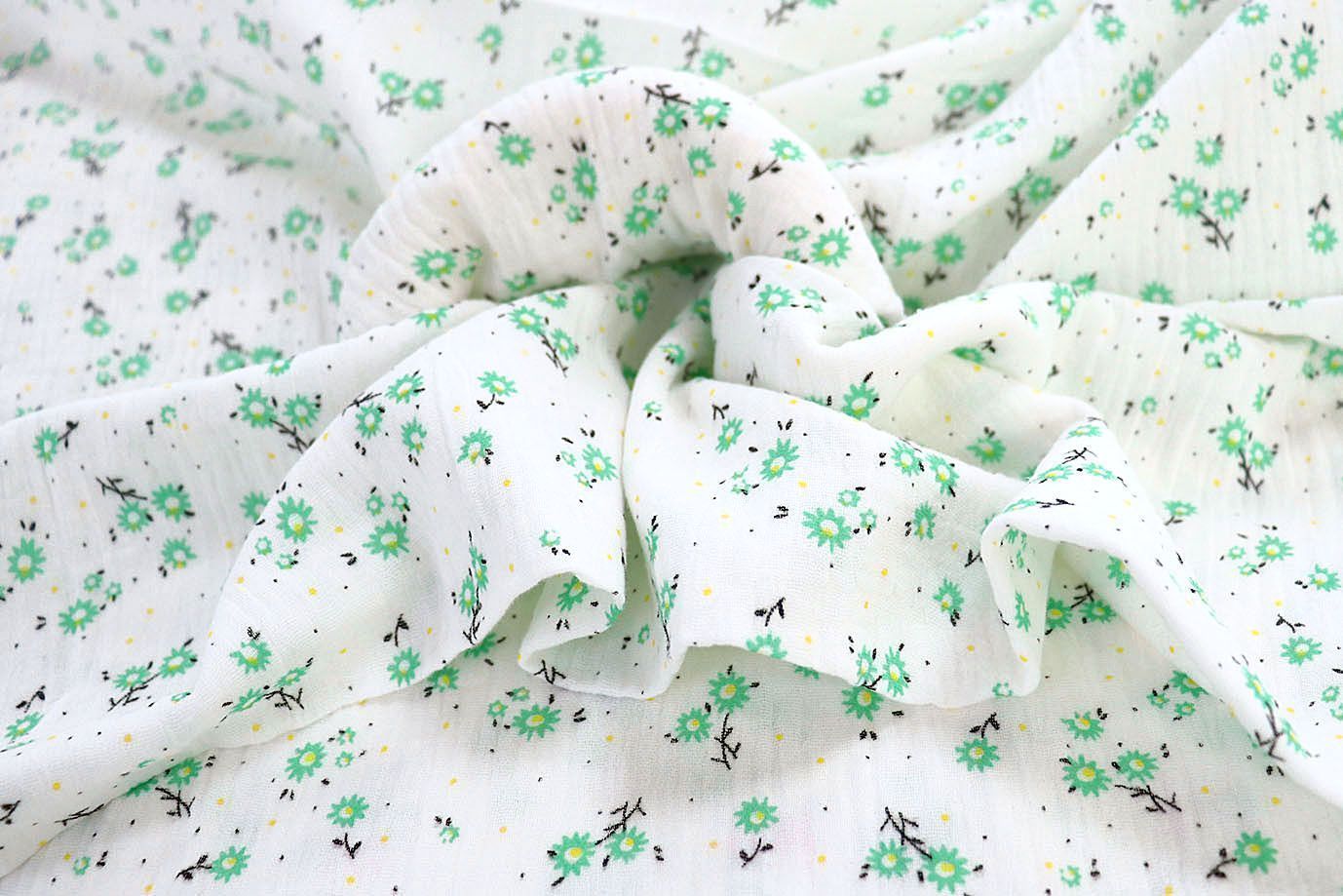 Муслин принт/цветы зеленые на белом 1393-PY/D#6/C#4
