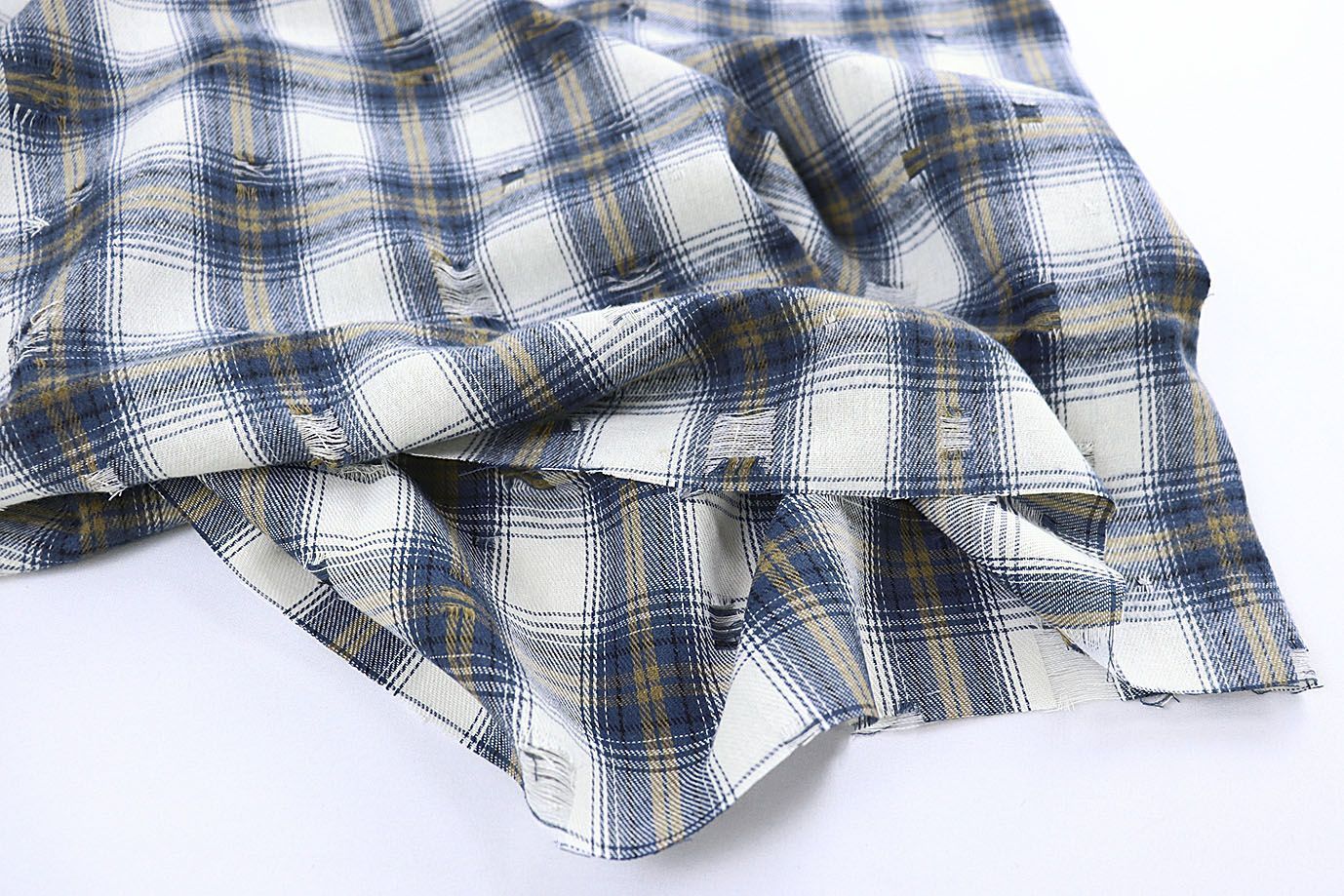 Рубашечная ткань рваная принт/клетка желто-синяя на белом 1420-PY/C#2