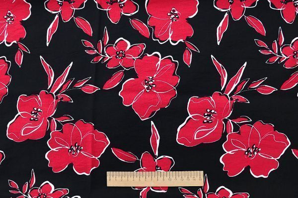 Лен БОХО принт/цветы алые на черном 3383-PY/D#9768-203/C#1